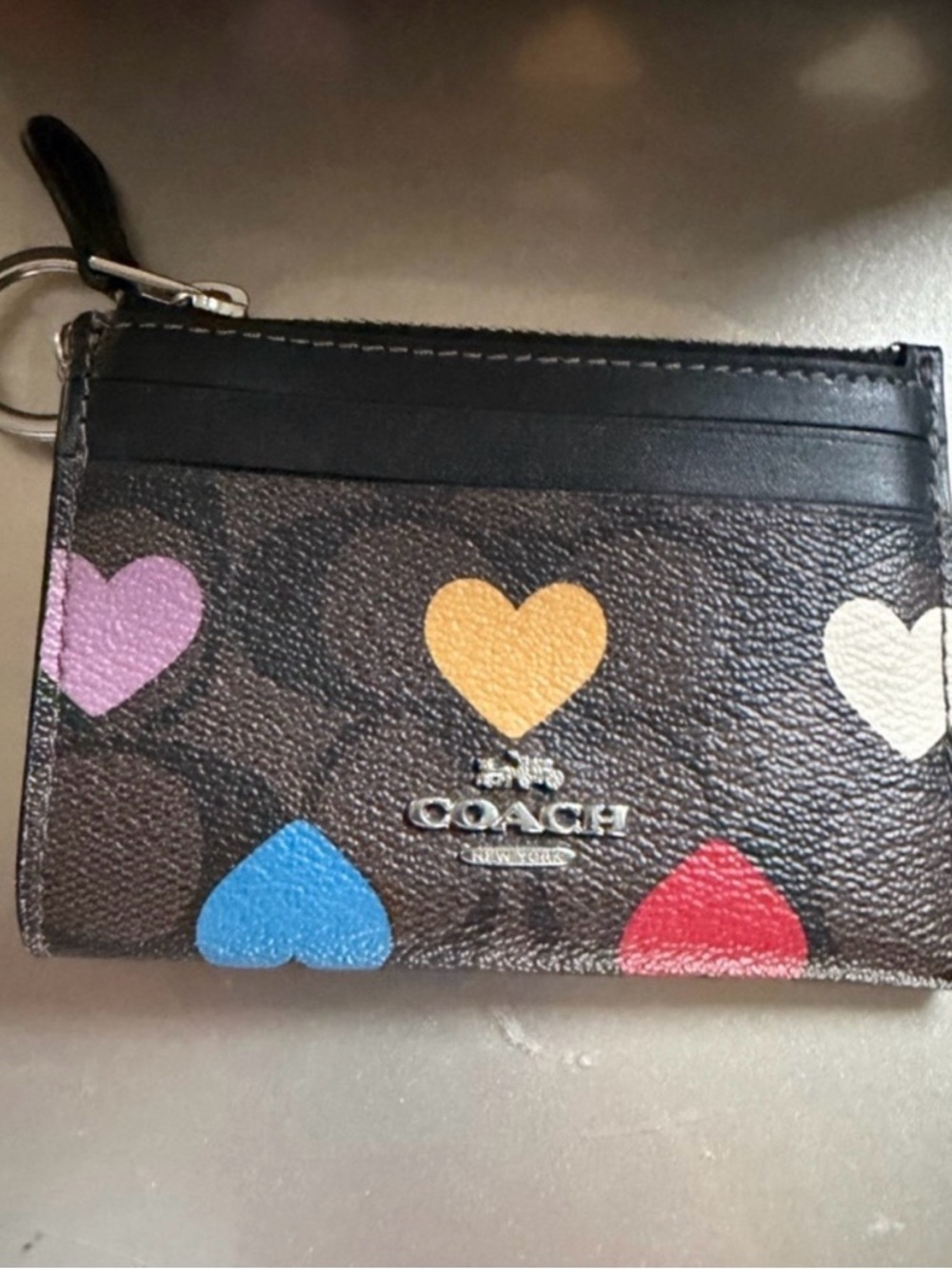 Coach Multicolor Heart Print Card Case with Key Ring